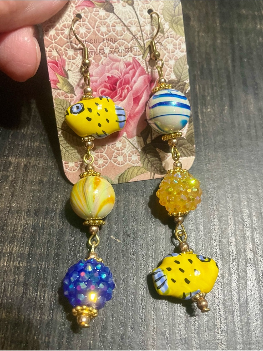 Hand Crafted Yellow Fish Beaded Dangle Earrings with Blue & Gold Accents